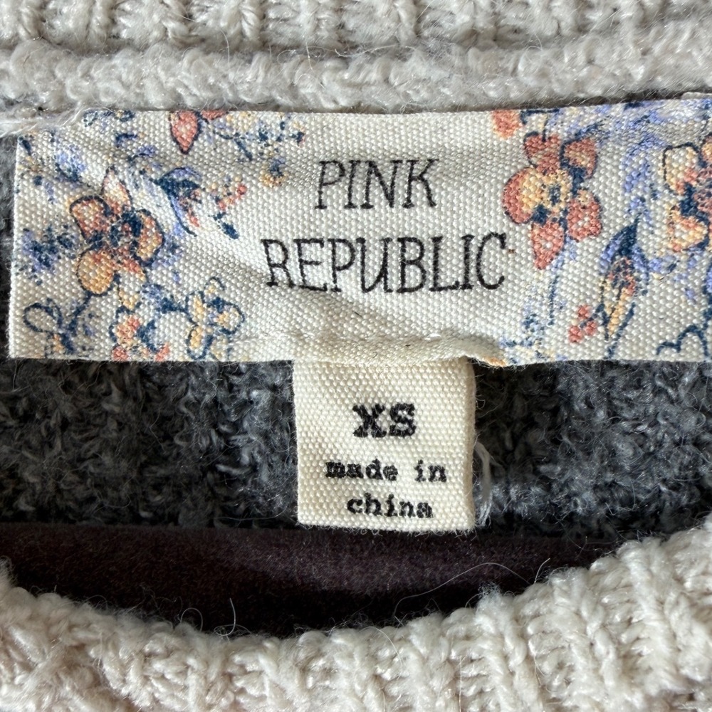 Pink Republic XS Striped Lace Up Side Sweater Oversized Chunky Knit Gray Cream - Picture 4 of 9